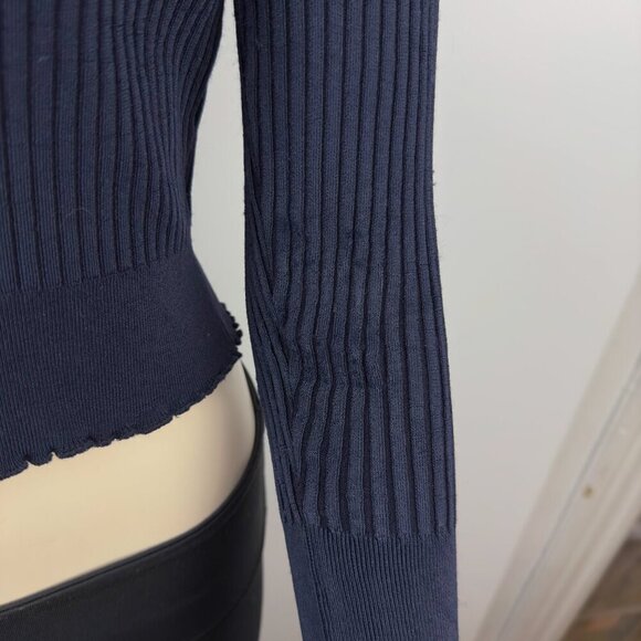 IRIS SETLAKWE Cropped Ribbed & Textured 3/4 Sleeves Designer Navy Blue Sweater S - Picture 2 of 9